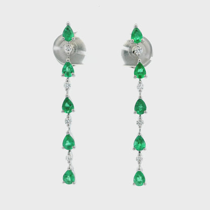 1.16ct Pear Cut Emerald And Round Diamond Line Drop Earrings