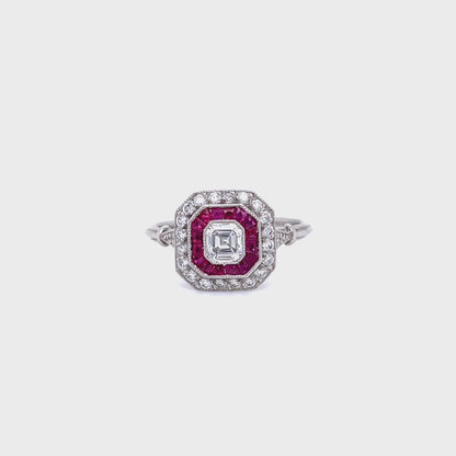 0.50ct Asscher Cut Diamond and Ruby Art Deco Style Target Ring