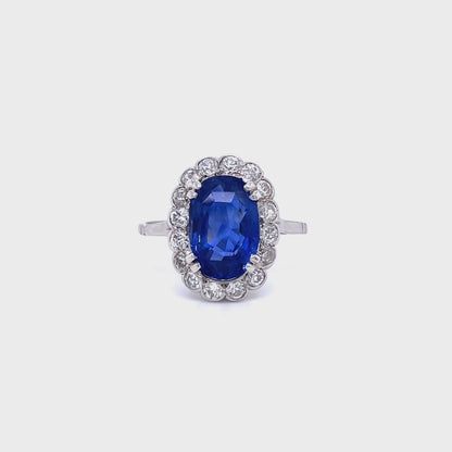Certified Unheated 3.29ct Oval Cut Ceylon Sapphire and Diamond Cluster Ring