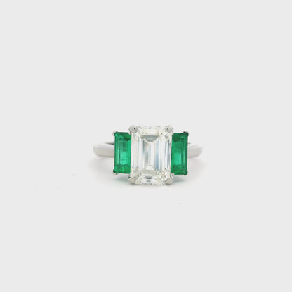 2.78ct Emerald Cut Diamond And Baguette Cut Emerald Three Stone Ring