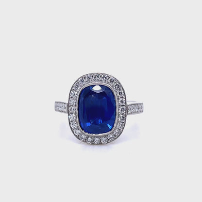 3.12ct Cushion Cut Sapphire And Diamond Cluster Ring
