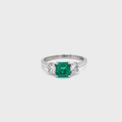 0.81ct Certified Colombian Square Cut Emerald and Round Diamond Three Stone Ring