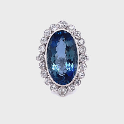 6.75ct Oval Aquamarine and Diamond Fancy Cluster Cocktail Ring