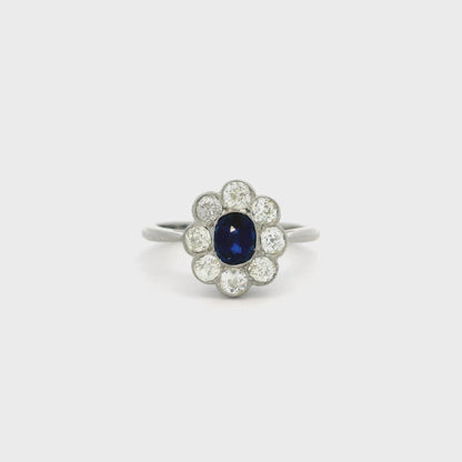0.65ct Cushion Sapphire And Old Cut Diamond Cluster Ring