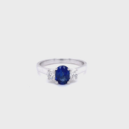0.95ct Oval Sapphire And Oval Diamond Three Stone Ring