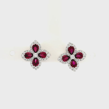 1.38ct Pear Ruby And Round Diamond Quatrefoil Cluster Earrings