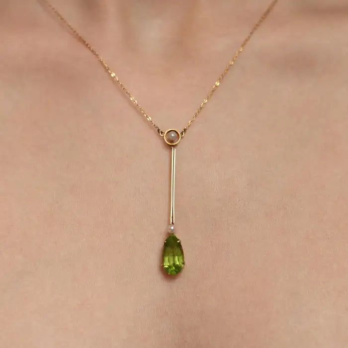 2.63ct Edwardian Peridot And Pearl Pendant Necklace