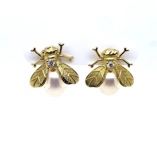 Pear Pearl And Diamond Bee Earrings