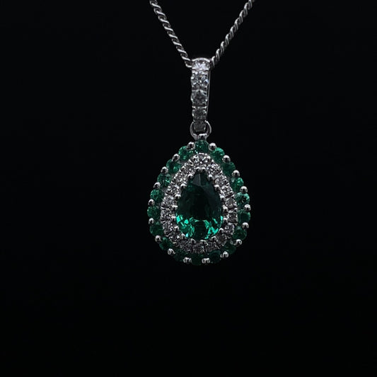 0.50ct Pear Cut Emerald And Diamond Double Cluster Pendant