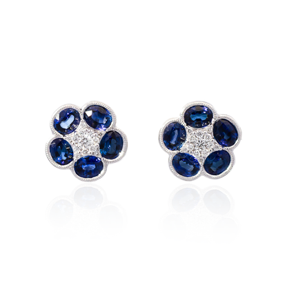 Oval Sapphire And Round Diamond Flower Cluster Stud Earrings