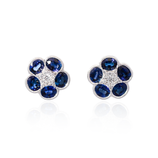 Oval Sapphire And Round Diamond Flower Cluster Stud Earrings