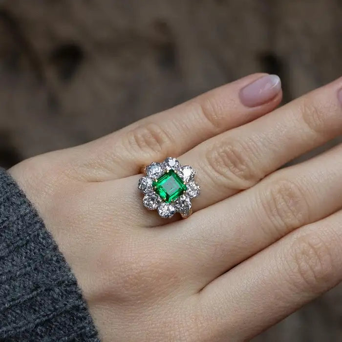 1.14ct Square Emerald And Diamond Cluster Ring