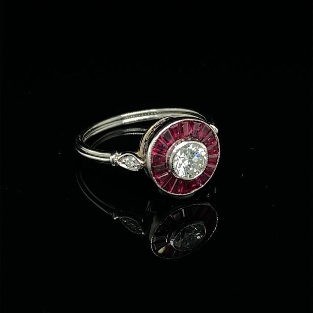 0.35ct Round Diamond and Calibre Ruby Target Cluster Ring