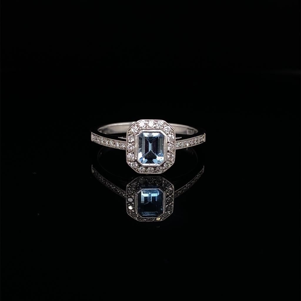 0.39ct Emerald Cut Aquamarine and Diamond Art Deco Style Ring