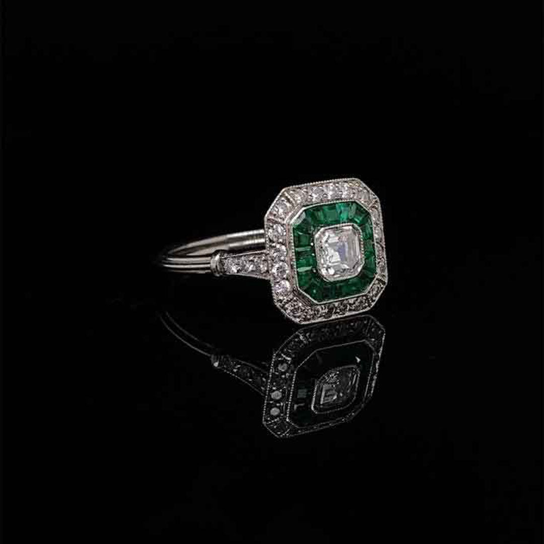 0.50ct Asscher Cut Diamond and Emerald Art Deco Style Target Ring