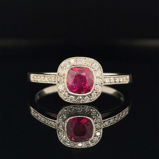 0.65ct Cushion Ruby and Diamond Cluster Ring