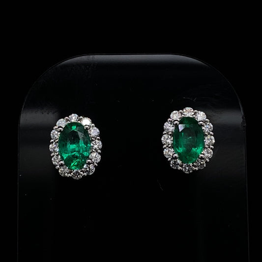 0.84ct Oval Emerald and Diamond Cluster Earrings