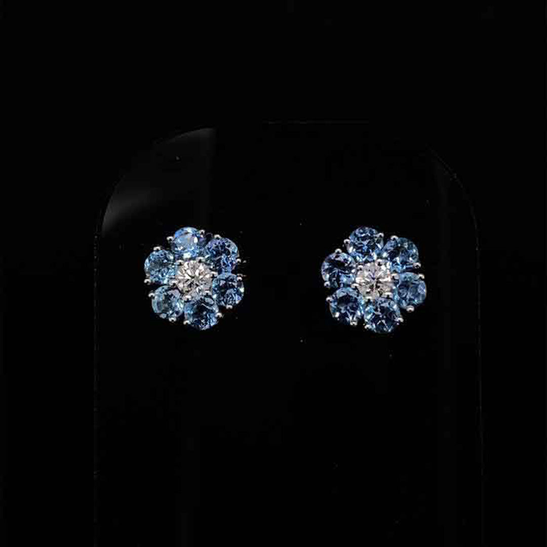 0.76ct Round Aquamarine and Diamond Flower Cluster Earrings
