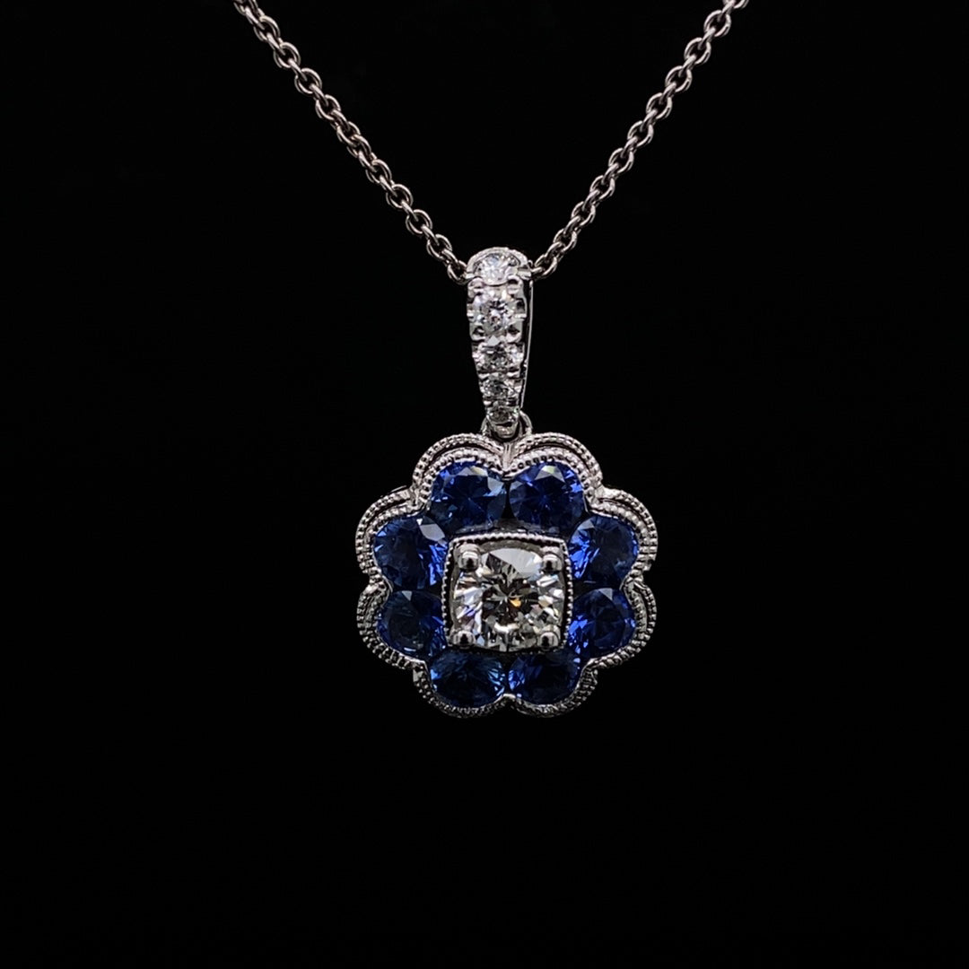 0.85ct Sapphire and Diamond Flower Cluster Pendant