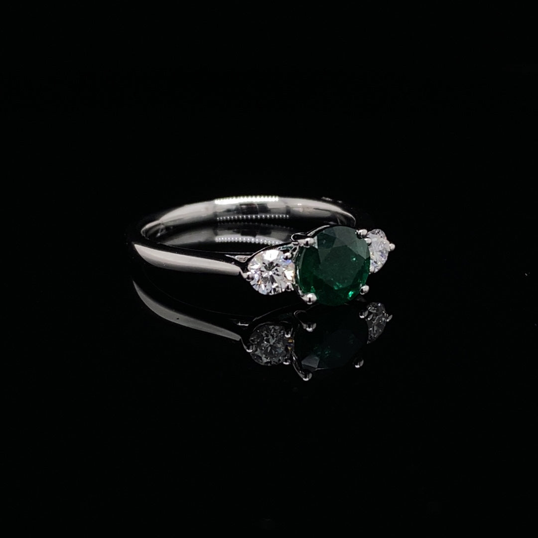 0.87ct Round Emerald And Diamond Three Stone Ring