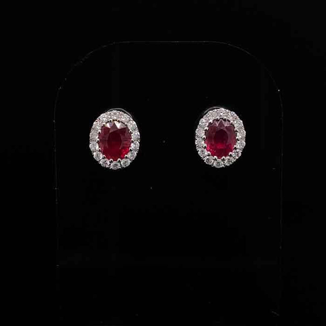 0.89ct Oval Ruby and Round Diamond Cluster Earrings