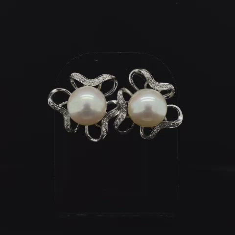 Round Pearl and Diamond Set Ribbon Surround Earrings