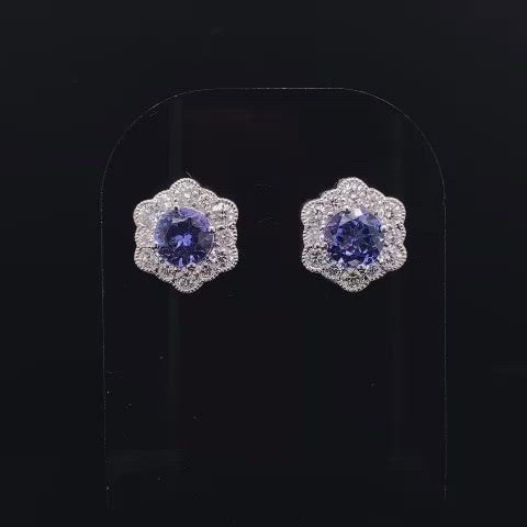 1.00ct Round Tanzanite and Diamond Hexagonal Cluster Earrings