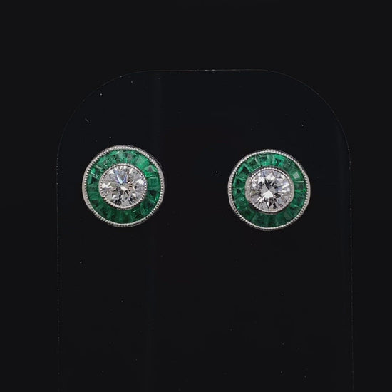Round Emerald And Diamond Target Cluster Earrings