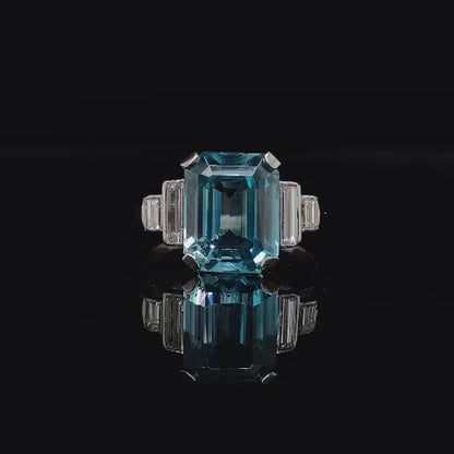 Emerald Cut Blue Zircon and Diamond Five Stone Ring