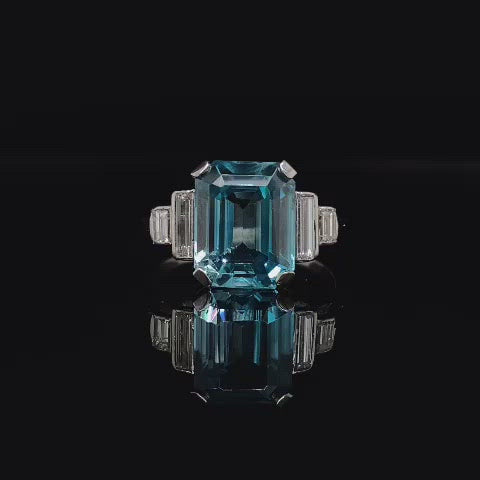 Emerald Cut Blue Zircon and Diamond Five Stone Ring
