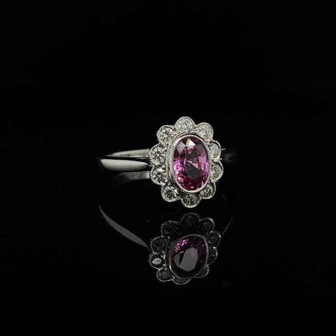 1.01ct Oval Pink Sapphire and Diamond Cluster Ring