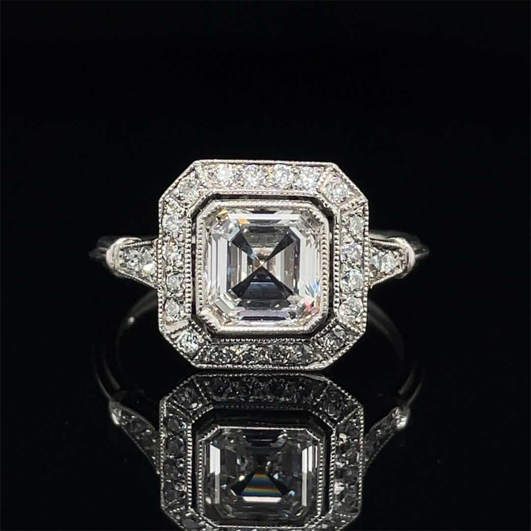 1.03ct Certified Asscher Cut Diamond Art Deco Cluster Dress Ring