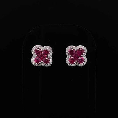 1.03ct Square Ruby and Round Diamond Quatrefoil Earrings