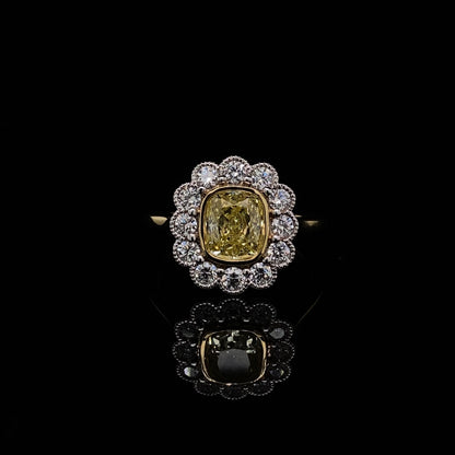 1.32ct Certificated Cushion Cut Yellow Diamond Cluster Ring
