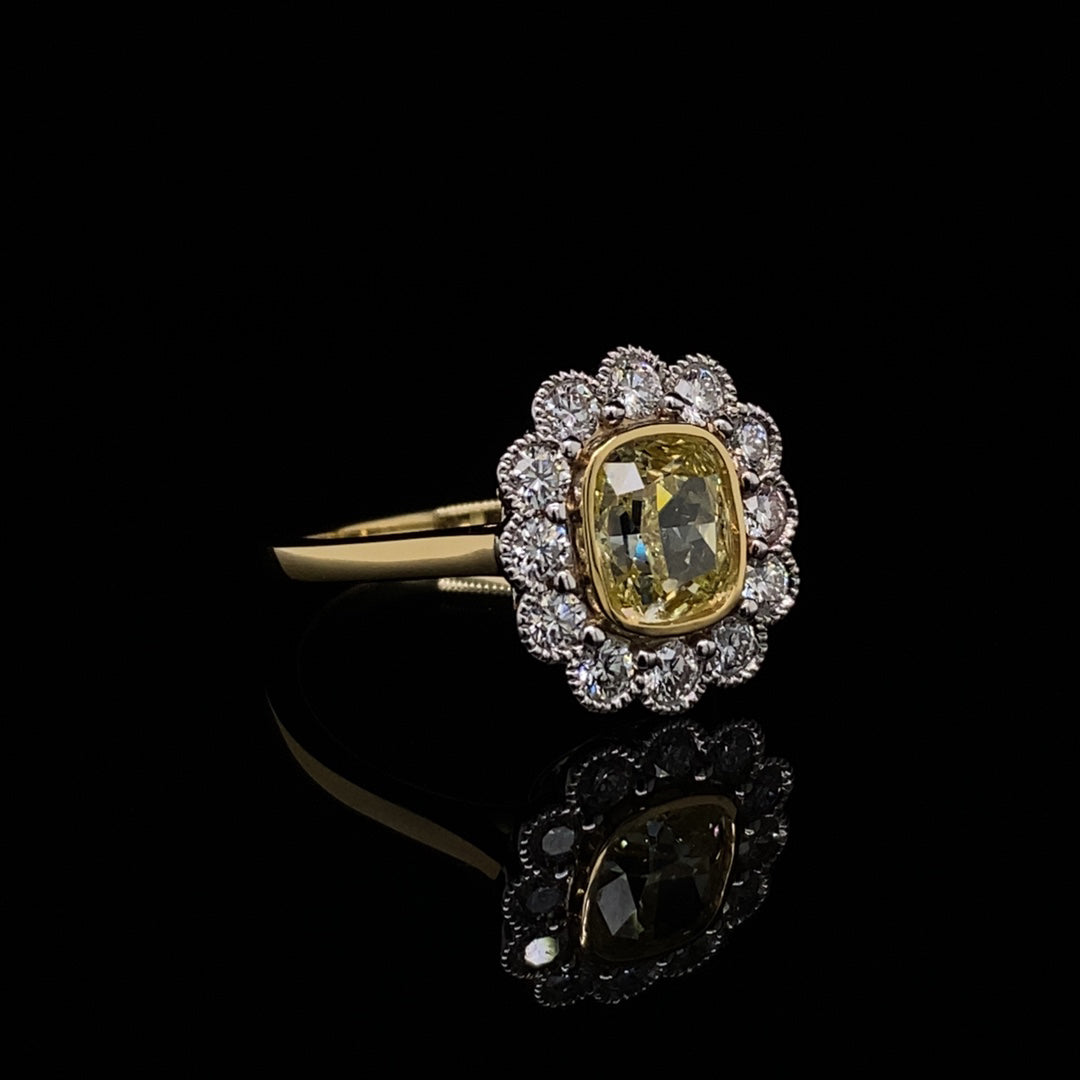 1.32ct Certificated Cushion Cut Yellow Diamond Cluster Ring