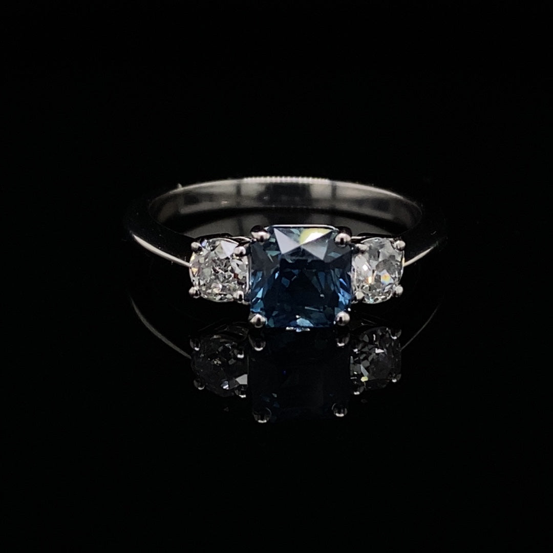 1.55ct Square Cut Sapphire and Old Cut Cushion Diamond Three Stone Ring