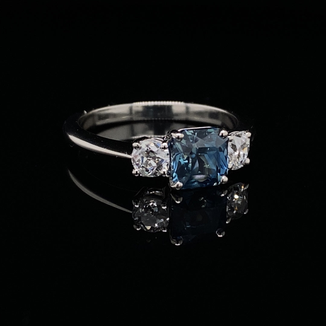 1.55ct Square Cut Sapphire and Old Cut Cushion Diamond Three Stone Ring