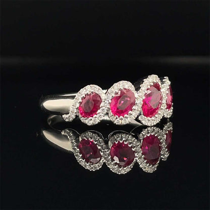 1.58ct Oval Ruby and Diamond Waved Clusters Five Stone Ring
