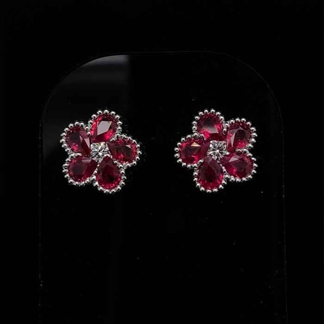 1.73ct Pear Cut Ruby and Diamond Flower Cluster Earrings
