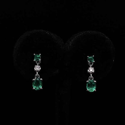 18ct White Gold 0.49ct Oval Cut Emerald and Round Diamond Drop Earrings