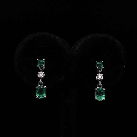 18ct White Gold 0.49ct Oval Cut Emerald and Round Diamond Drop Earrings