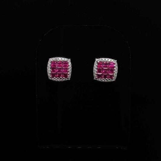 18ct White Gold 0.62ct Square Ruby and Round Diamond Cluster Earrings