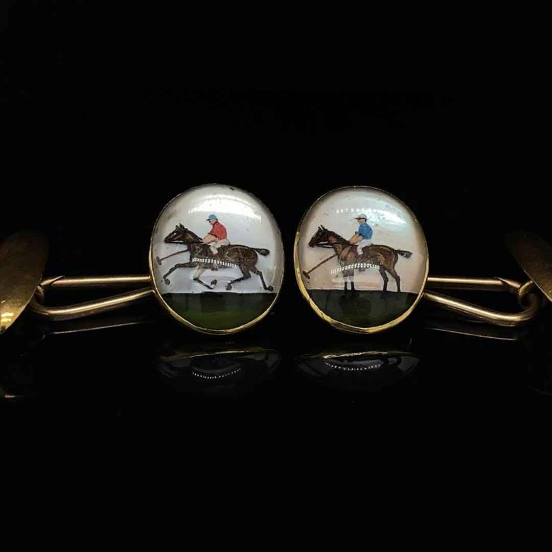 18ct Yellow Gold Essex Crystal Polo Player And Horse Cufflinks