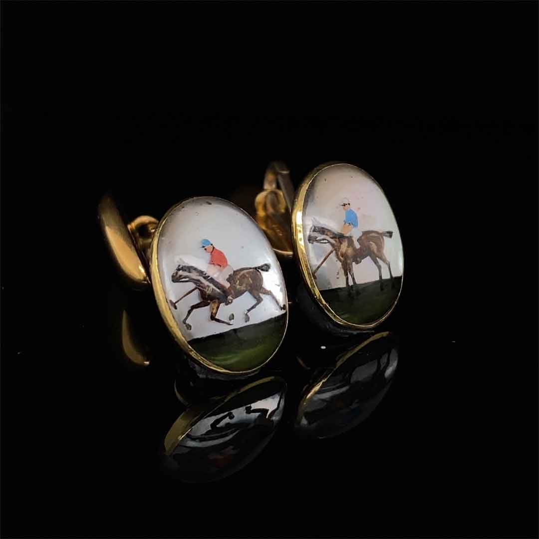 18ct Yellow Gold Essex Crystal Polo Player And Horse Cufflinks