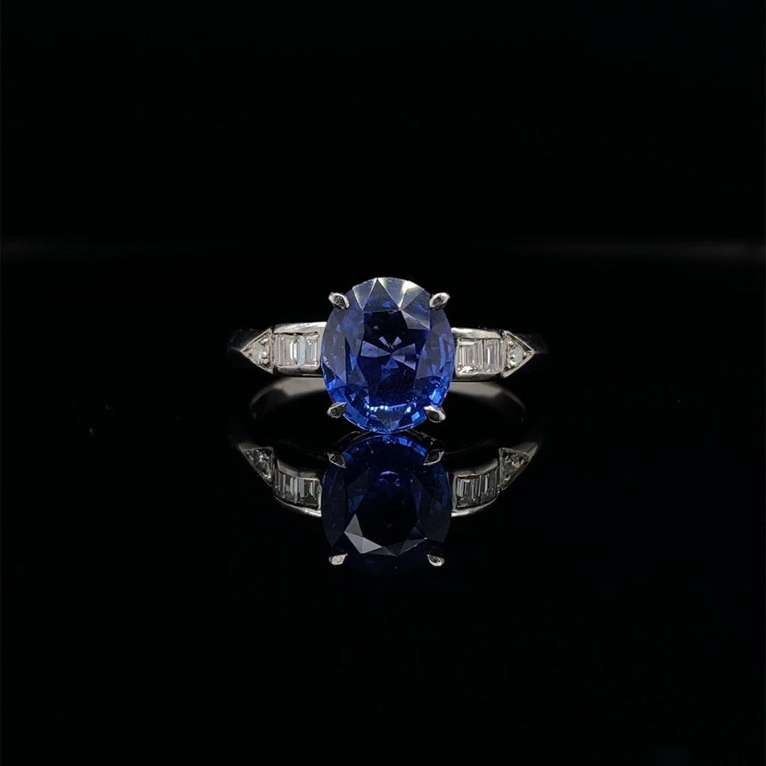2.54ct Oval Cut Sapphire Solitaire Ring With Diamond Set Shoulders
