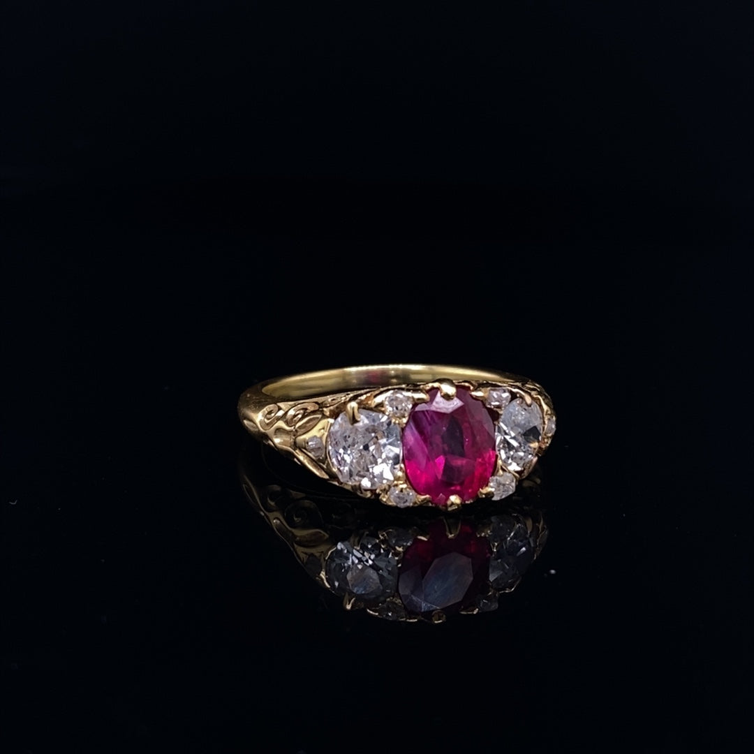1.45ct Certified Ruby and diamond Victorian carved half hooped ring