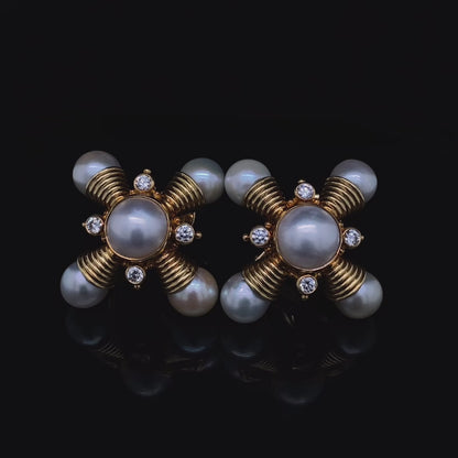 Elizabeth Gage Pearl and Diamond Clip Earrings