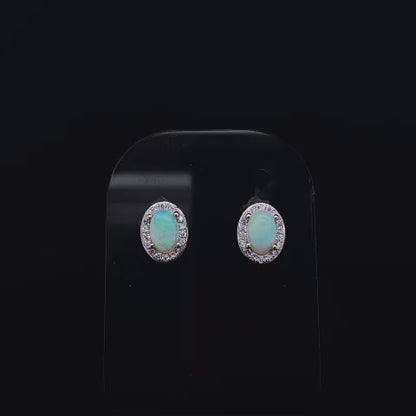 0.70ct Oval Opal and Round Diamond Cluster Stud Earrings