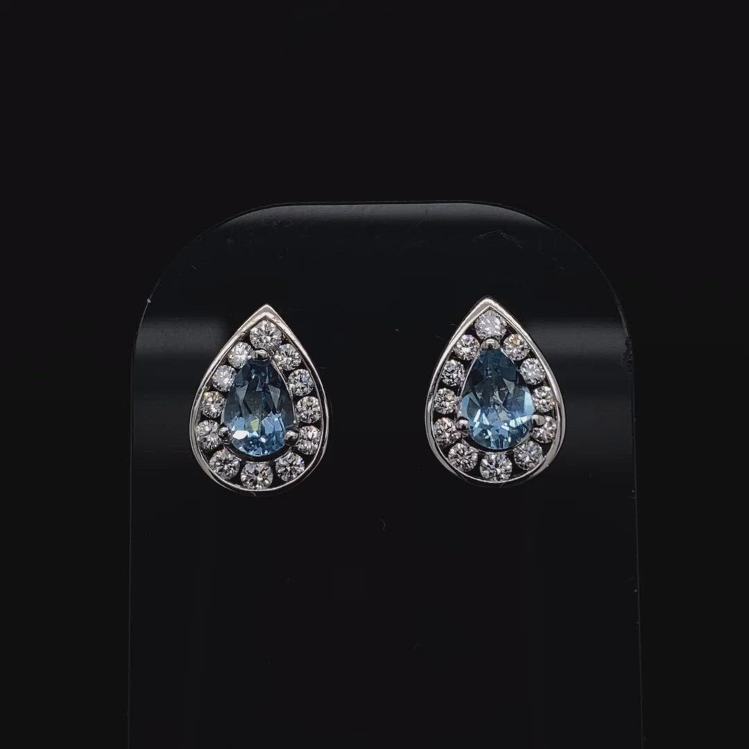 Aquamarine and Diamond Pear Cut Cluster Stud Earrings