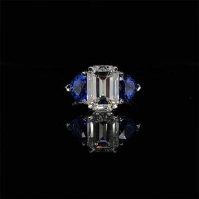 3.10ct Emerald Cut Diamond and Sapphire Three Stone Ring
